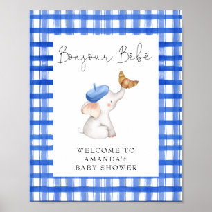 Póster Bonjour French Gingham Blue Welcome Baby Shower