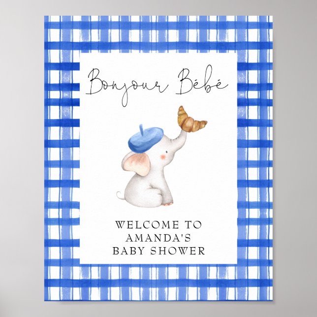 Póster Bonjour French Gingham Blue Welcome Baby Shower (Frente)