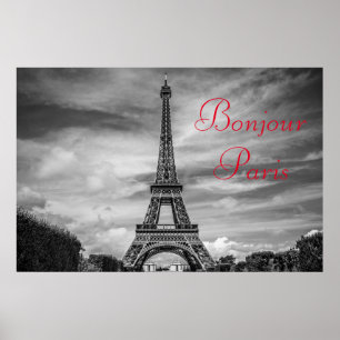 Póster Bonjour Paris Black White Eiffel Tower Viaje