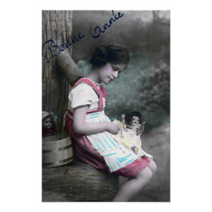Póster Bonne Année Vintage Chica con muñeca