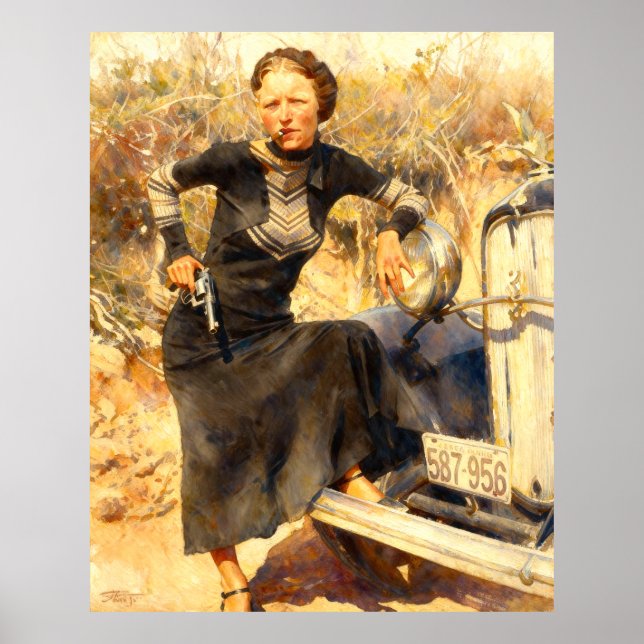 Póster Bonnie Parker Smoking A Cigar 1933 AI Painting (Frente)