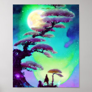 Póster Bonsái púrpura alto y luna