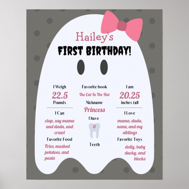 Póster Boo! Girls Halloween 1st Birthday Milestone Poster (Frente)