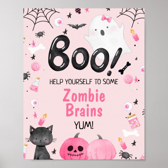 Póster Boo Halloween, Chica negro rosa, Rótulo de la fies (Frente)