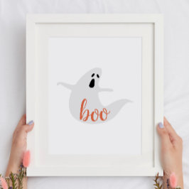 Póster Boo. Un bonito fantasma naranja blanco. Fiesta inf