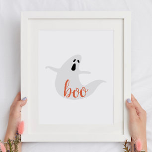 Póster Boo. Un bonito fantasma naranja blanco. Fiesta inf