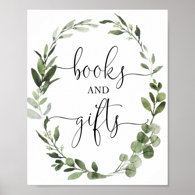 Póster Books and gifts greenery wreath baby shower sign (Frente)
