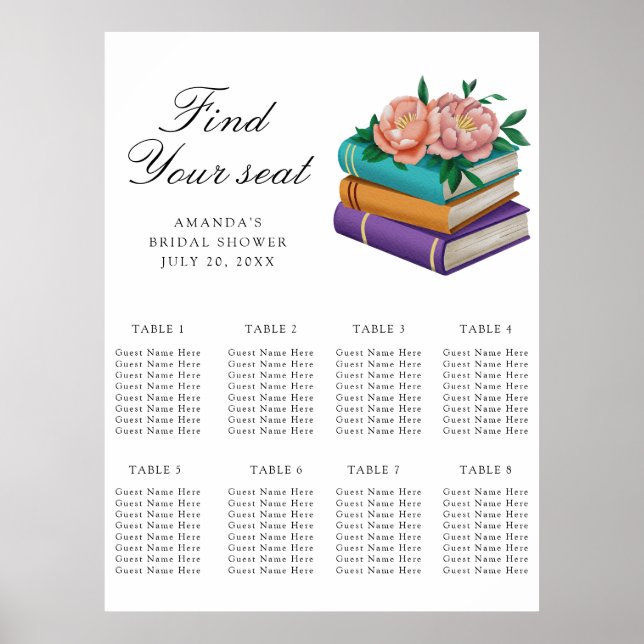 Póster Books Bridal shower Wedding seating chart (Frente)
