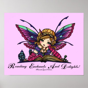 Póster Bookworm Fairy "LEER" Library Fantasy Book Art