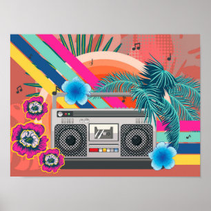 Póster Boombox con hojas tropicales y flores