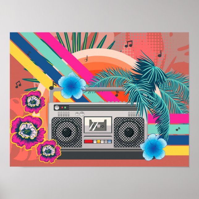 Póster Boombox con hojas tropicales y flores (Frente)