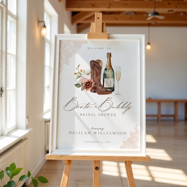 Póster Boots & Bubbly Cowgirl Western Bridal Shower Rótul (Boots & Bubbly Cowgirl Western Bridal Shower Sign)
