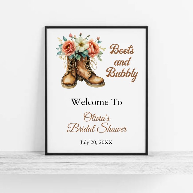 Póster Boots & Bubbly Rustic Bridal Shower Welcome (Rustic Boots & Bubbly Bridal Shower Welcome Sign   )
