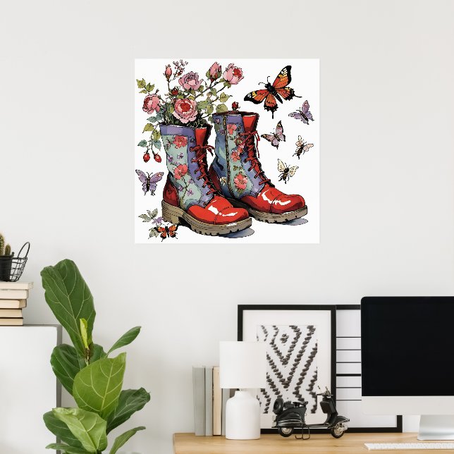 Póster Boots de combate floral con flores y mariposas (Oficina en casa)
