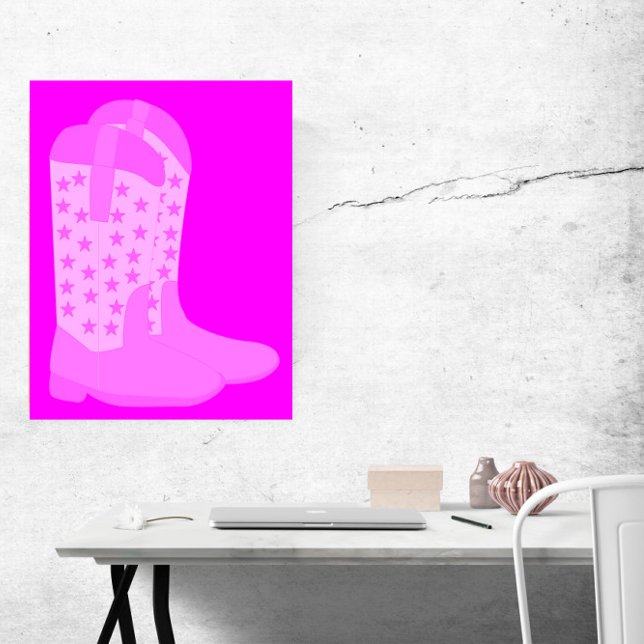 Póster Boots de cowboy con Stars Pink (A poster of cowboy boots with stars done in various shades of pink.)