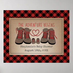 Póster Boots de excursión Buffalo Plaid Adventure Baby Sh