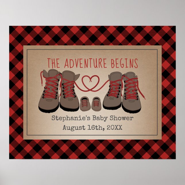 Póster Boots de excursión Buffalo Plaid Adventure Baby Sh (Frente)