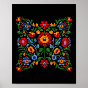 Póster Bordado ucraniano divertido flores tradicionales N