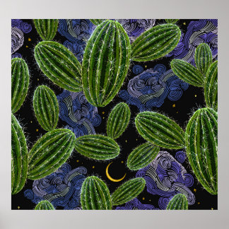 Póster Bordados Mexicanos: La Noche de Cactus Seamless.