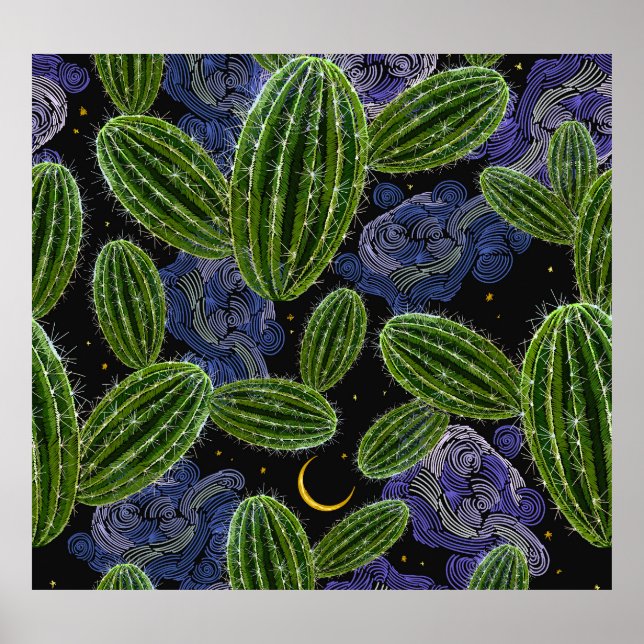 Póster Bordados Mexicanos: La Noche de Cactus Seamless. (Frente)