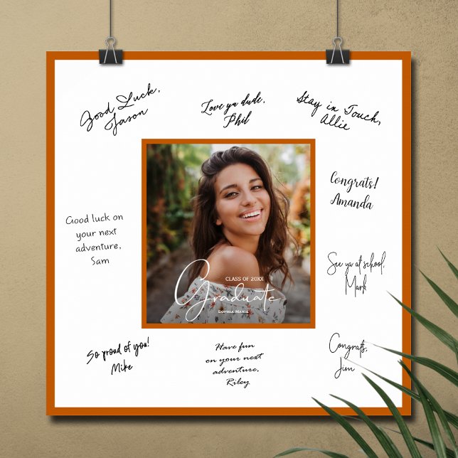 Póster Borde de Naranja quemado por autógrafos de graduac (Graduation autograph photo poster with burnt orange border, INSTANT DOWNLOAD and/or PRINTED)