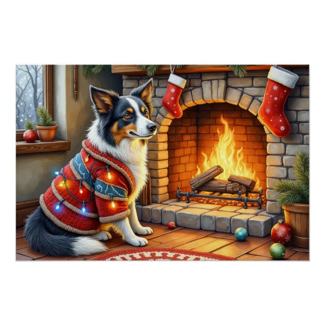 Póster Border Collie Chimenea con Luces de Navidad (Anverso)