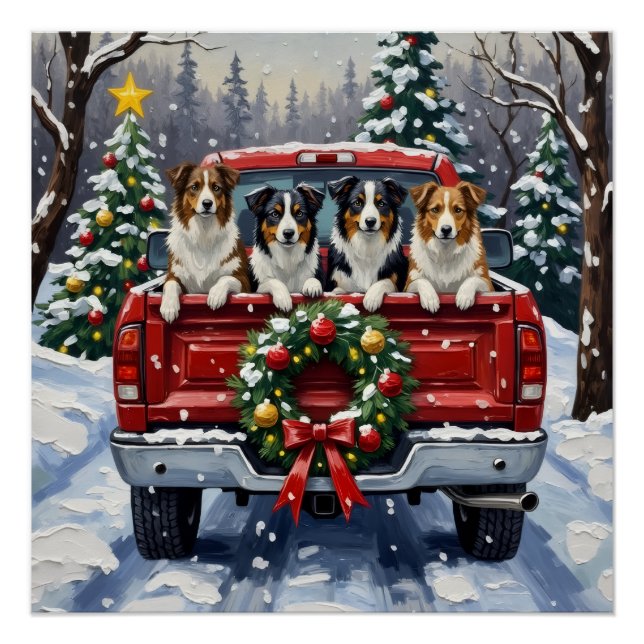 Póster Border Collie Christmas Red Truck Holiday (Anverso)