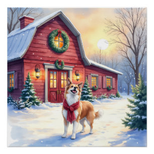 Póster Border Collie de acuarela Granja de campo Navidad