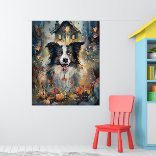 Póster Border Collie de Halloween con calabazas espeluzna