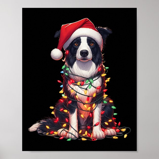 Póster Border Collie Dog Christmas Lights Santa Hat Dog L (Frente)