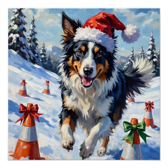 Póster Border Collie Dog Christmas Snow Agility Fun (Anverso)