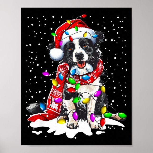 Póster Border Collie Dog Lighting Xmas Santa Hat Christma (Frente)
