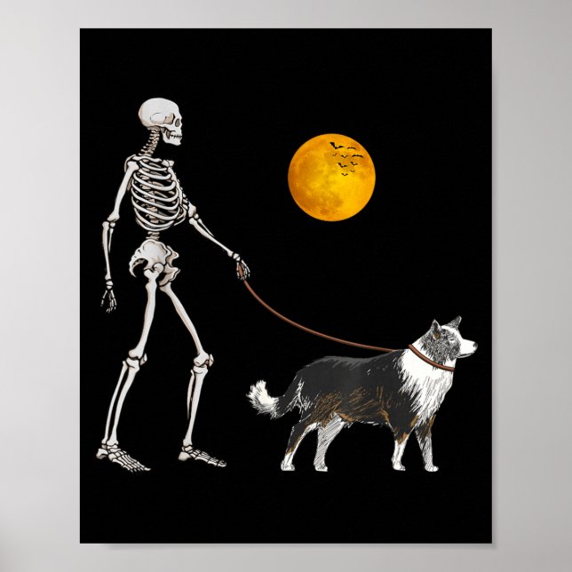 Póster Border Collie Esqueleto Perro Caminando Halloween (Frente)