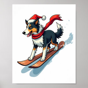 Póster Border Collie haciendo snowboard