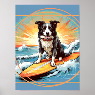 Póster Border Collie negro y blanco haciendo surf