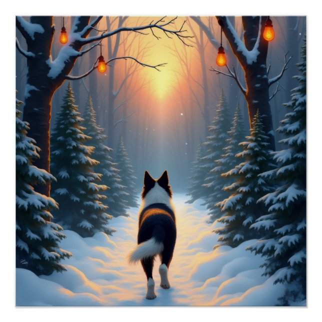 Póster Border Collie Snowy Forest Walk Holiday Painting (Anverso)