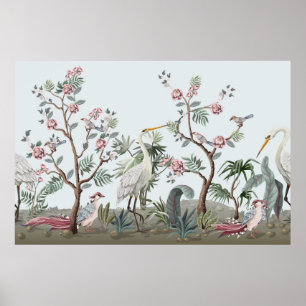 Póster Border in chinoiserie style with storks and peonie