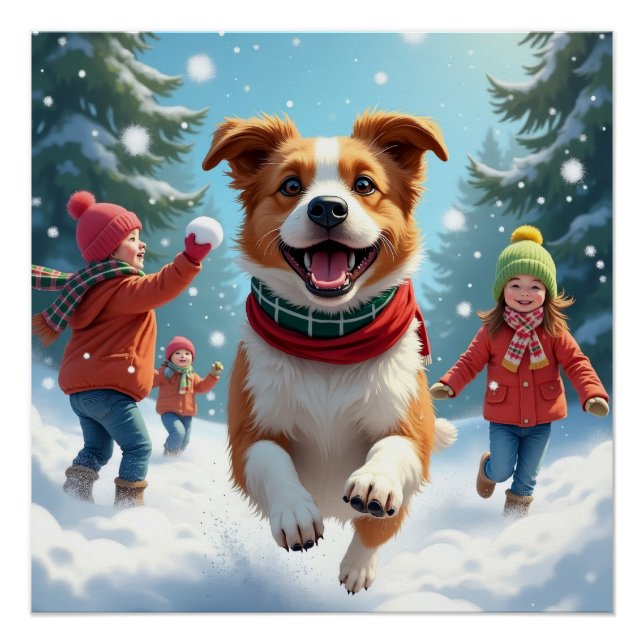 Póster Border Terrier Snowball Fight Christmas Painting (Anverso)