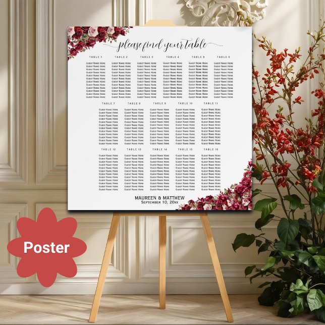 Póster Borgoña Floral 16 mesas Boda asiento (Subido por el creador)