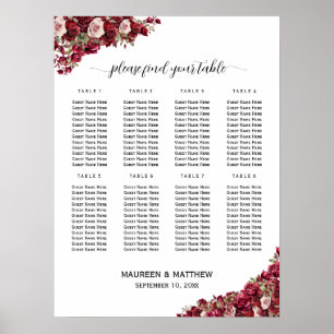 Póster Borgoña Floral 8 mesas Boda asiento