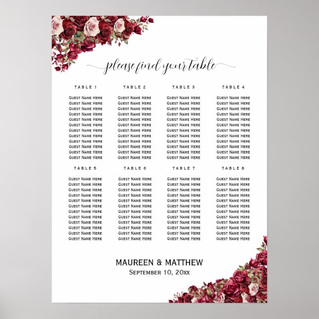 Póster Borgoña Floral 8 mesas Boda asiento (Frente)