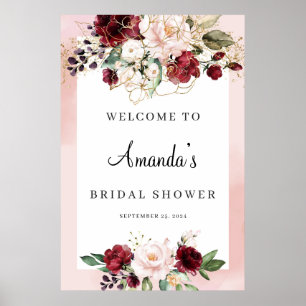 Póster Borgoña Floral Bridal Shower Poster de bienvenida 