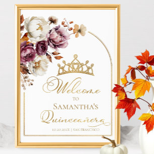 Póster Borgoña Floral Fall Signo de bienvenida Quinceaner