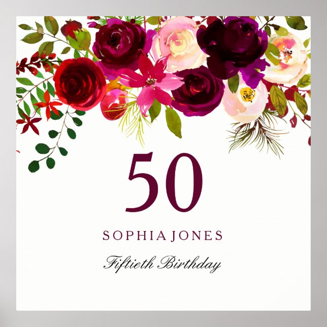 Póster Borgoña Red Floral Boho 50 cumpleaños (Frente)
