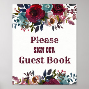 Póster Borgoña Red Floral Rótulo Boda de libros de invita