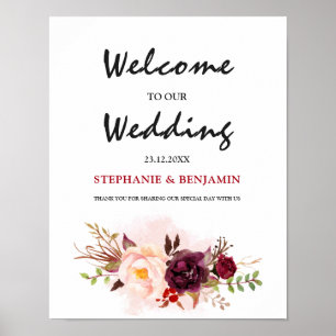 Póster Borgoña Red Floral Rústico Boho Boda Rótulo