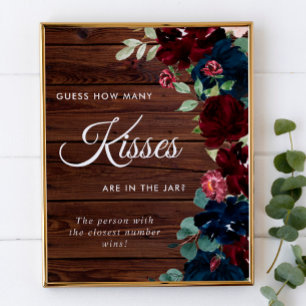 Póster Borgoña y Marina Azul Madera Cuántos Besos Rótulo