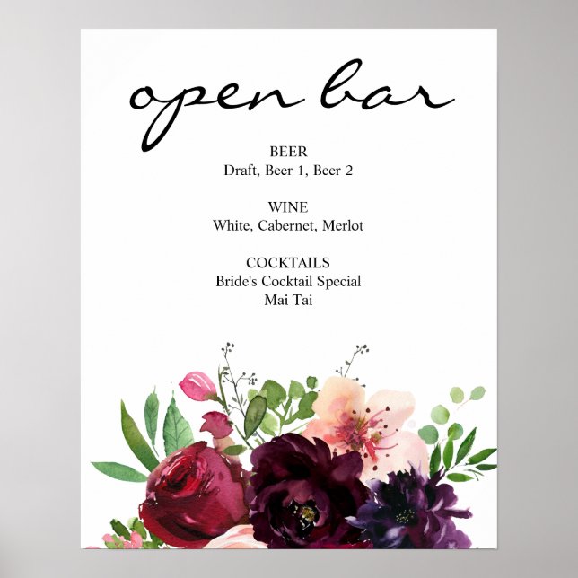 Póster Borgoña y Rótulo Rubor Pink Floral Bar (Frente)