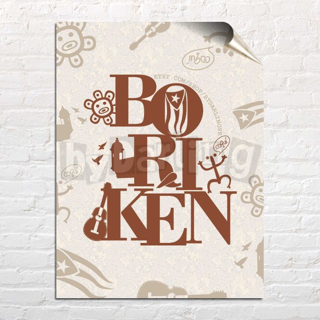 Póster Boriken Puerto Rico Taino Wall Art Poster de desca (Boriken Puerto Rico Brown Art Printed Poster over white brick wall)
