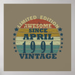 Póster born in april 1991 vintage birthday<br><div class="desc">You can add some originality to your wardrobe with this original 1991 vintage sunset retro-looking birthday design with awesome colors and typography font lettering, is a great gift idea for men, women, husband, wife girlfriend, and a boyfriend who will love this one-of-a-kind artwork. The best amazing and funny holiday present...</div>